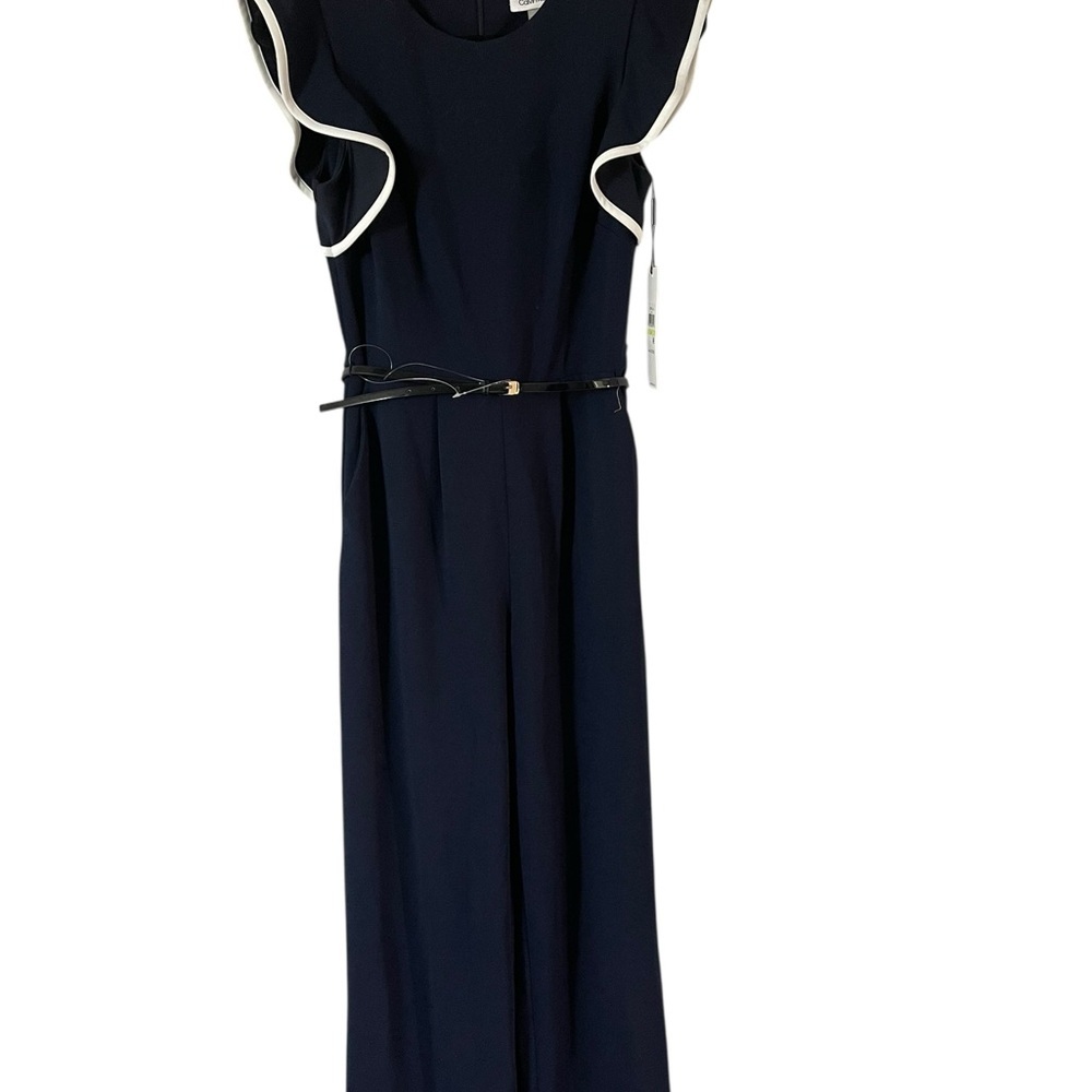 NWT Calvin Klein Navy White Accents Belted Wide Leg Jumpsuit Women Size 4 - Picture 2 of 9